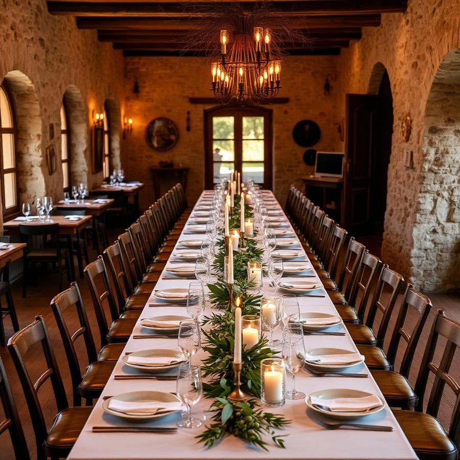 Long communal table set for a private dinner